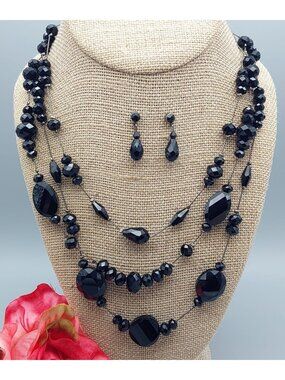 Black Faceted Bead Multi Strand Collar Statement Necklace & Matching Earring Set